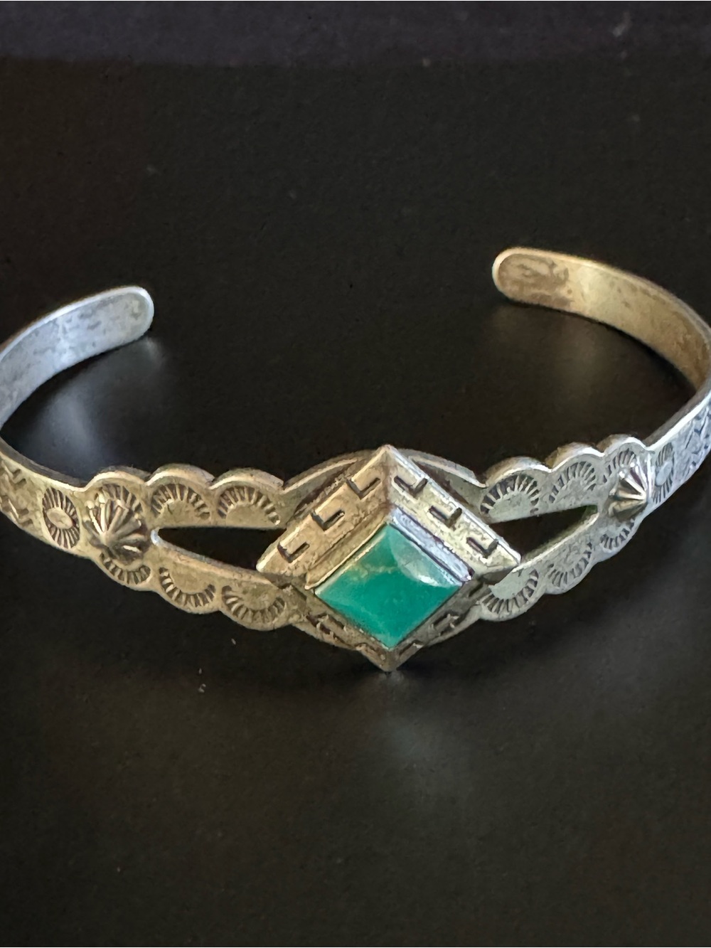 Vintage Sterling Silver Turquoise Southwestern Hand-Stamped Petite Cuff